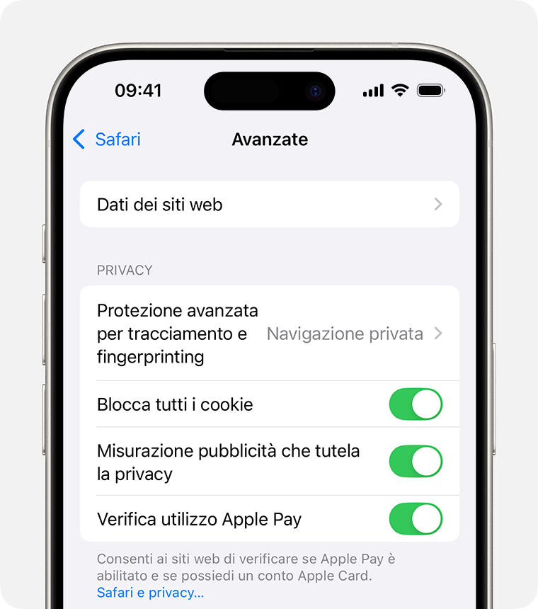 Un iPhone che mostra le impostazioni di Safari. Il pulsante Blocca tutti i cookie è attivato.