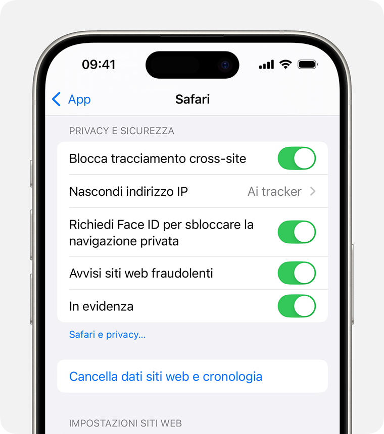 Un iPhone che mostra le impostazioni di Safari. Nella parte inferiore della sezione Privacy e sicurezza è presente il pulsante Cancella dati siti web e cronologia.