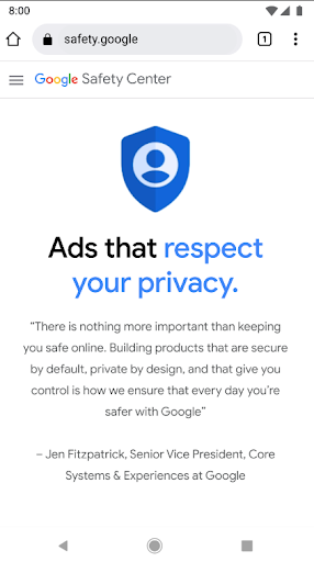 Mobile device showing Google Safety Center about ads and data, featuring a blue shield logo at the top with an illustration of a person in the center