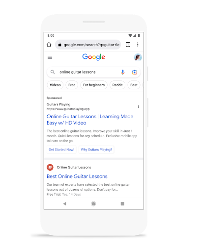 Mobile device showing search results for ‘online guitar lessons’ query